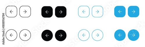 Web interface navigation buttons icon set. Slider arrow buttons symbols. Next and previous round buttons for app. Simple website arrow buttons in three different styles isolated collection.