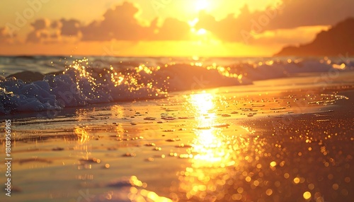 Golden light drenches a beach scene, waves gently lapping the shore, with clouds and distant land blurring in the background