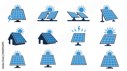 Collection of solar panel icons for sustainable energy solutions and renewable power