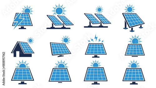 Collection of solar panel icons for sustainable energy solutions and renewable power