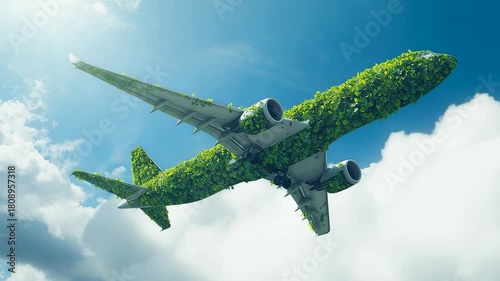A large airplane covered in vibrant green foliage flying through bright blue sky clouds showcasing an eco inspired concept of sustainable aviation travel