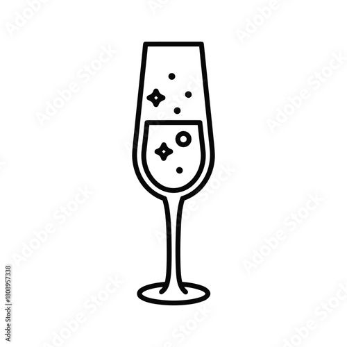 Minimalist outline icon of a sparkling champagne flute with bubbles and stars, symbolizing celebration and luxury