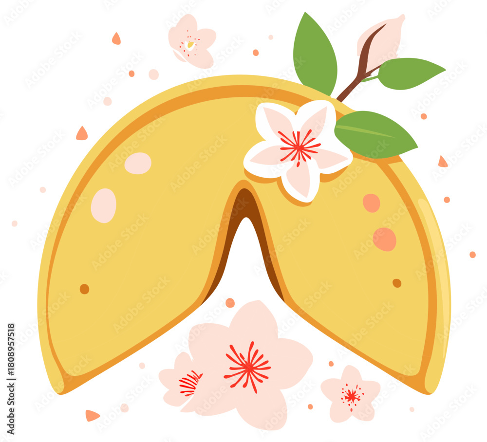 Naklejka premium Stylized fortune cookie illustration surrounded by delicate pink cherry blossoms and petals