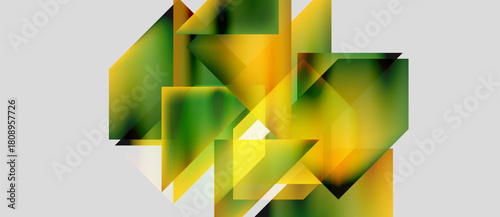 Abstract geometric shapes overlap, creating vibrant yellow, green hues. Composition feels modern, dynamic, visually interesting.