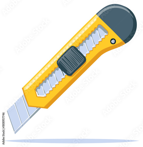 Yellow utility knife with exposed segmented blade and sliding lock