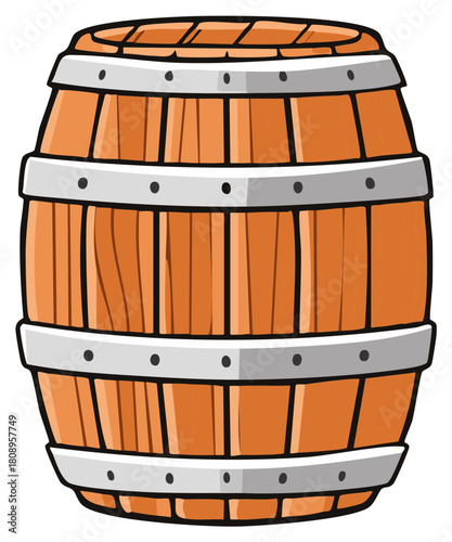 Wooden barrel with metal bands, illustration