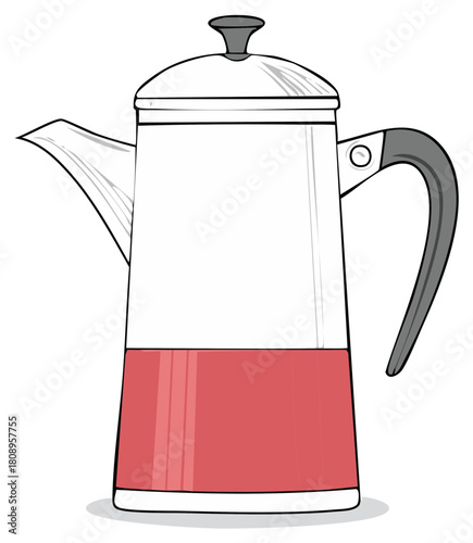 Enameled Coffee Percolator with Liquid Filling Illustration, Detailed Line Art Isolated on White, Classic Kitchenware Equipment