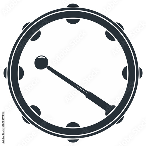 Monochrome vector icon of a classic tambourine musical instrument with a percussion beater for rhythm