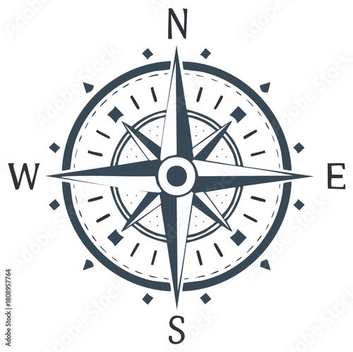 Illustration of a Classic Compass Rose with North, South, East, West Directions