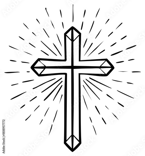 Hand drawn Christian cross with light rays. Black and white sketch of a religious symbol of faith and spirituality.