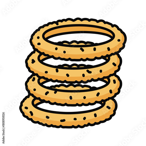 Stack of crispy golden onion rings, a popular fried snack or appetizer, perfect for fast food menus