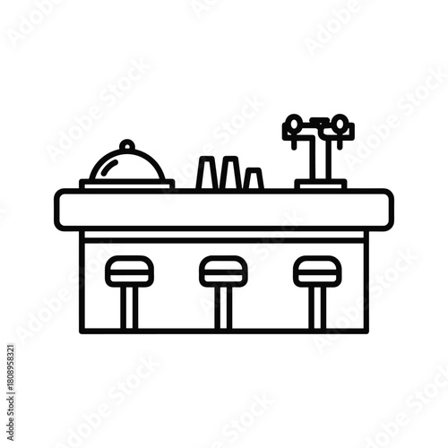 Line art illustration of a bar counter with three stools, a serving dome, glasses, and beer taps