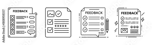 Customer feedback survey and review forms modern line icons set