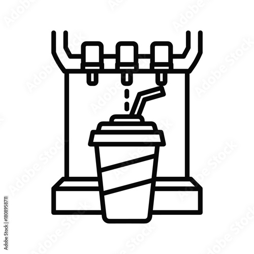 Line art icon of a soda fountain machine dispensing a drink into a cup with a straw, representing beverages