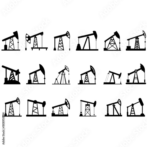 Pump Jack icon vector set. Oil illustration sign. Oil Drilling symbol collection. Oil Pumping logo.