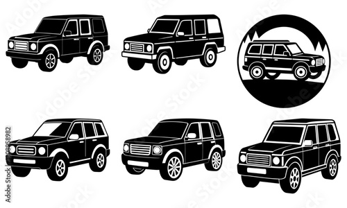 Six black and white suv vehicles in various poses and angles on a white background illustration art