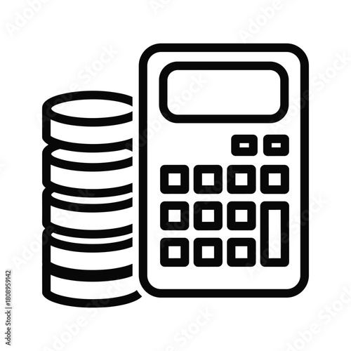 Calculator and coin stack icon for financial management, budget, isolated on