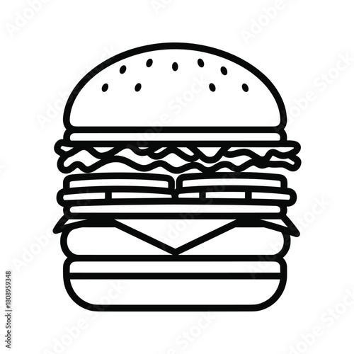 A simple line art illustration of a classic hamburger with sesame seed bun, cheese, and lettuce
