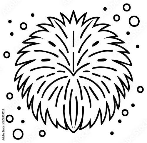 Stylized round dandelion seed head with flying seeds and circles in a minimalist line art style