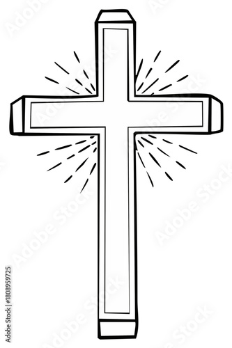 Simple outlined Christian cross symbol with radiating light lines hand drawn illustration