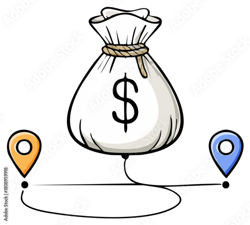 Financial movement concept, money bag connected between location pins for funding route