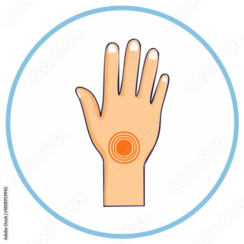 Vector illustration of a human hand with highlighted wrist pain symptom