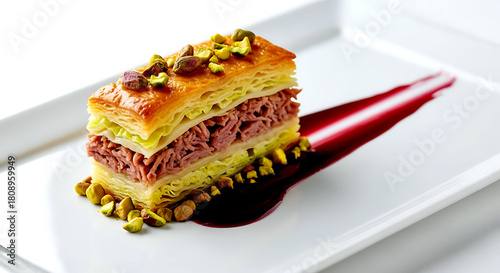 French croustillant de chou farci with duck confit and pistachios, geometric presentation with wine reduction, on a minimalist white rectangular plate 