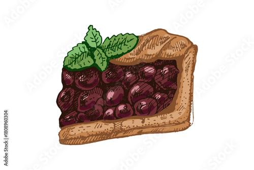Hand drawn vintage sketch of cherry pie slice with mint leaves in color, isolated vector illustration on white