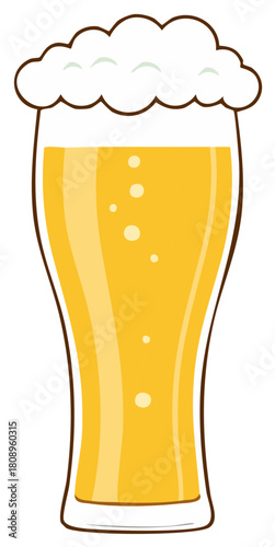 Cartoon Illustration of a Tall Pilsner Glass Filled with Golden Beer and Frothy White Foam