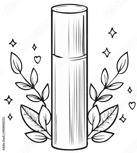 Cosmetic Bottle Illustration with Botanical Elements and Geometric Shapes, Outline Style