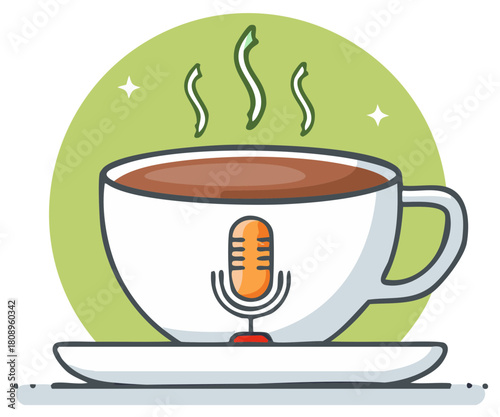 Steaming Coffee Cup with Microphone Icon for Podcast or Talk Show