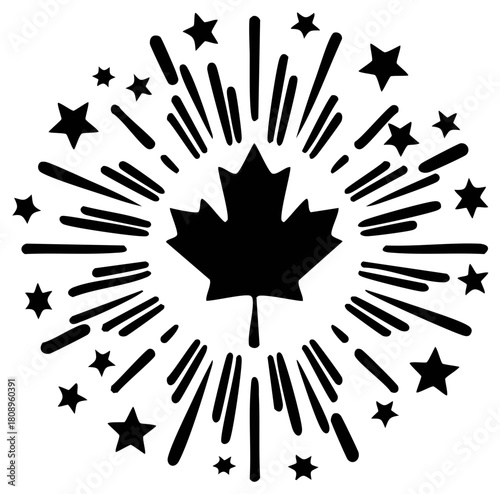 Black maple leaf with radiating lines and stars representing Canadian celebration