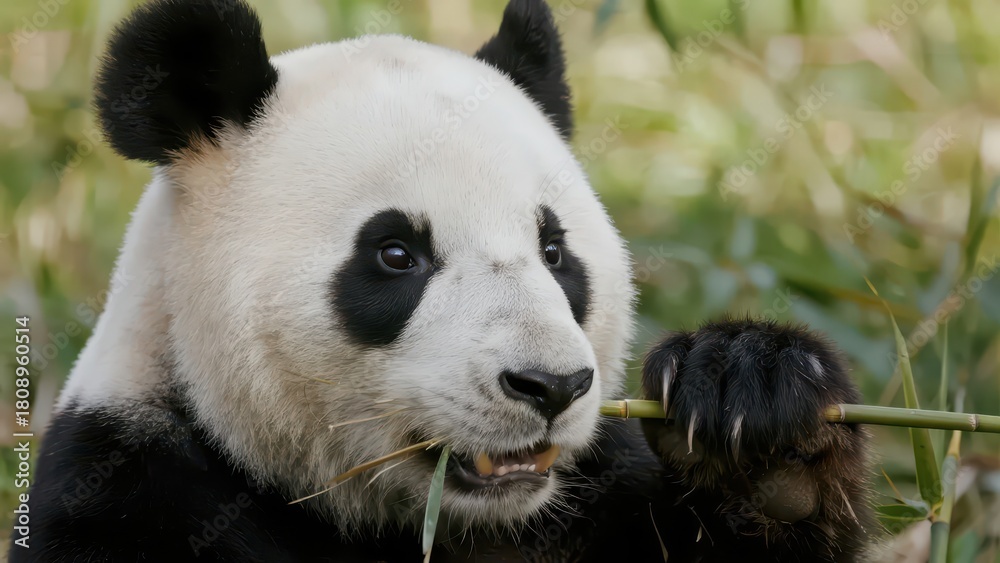 Fototapeta premium A giant panda eats bamboo, presenting a cute animal form and a fresh natural aesthetic atmosphere.