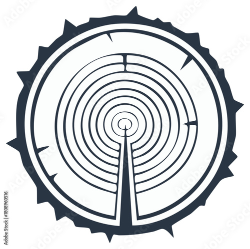Circular Wooden Slice Revealing Central Labyrinth in Tree Ring Design Vector Graphics