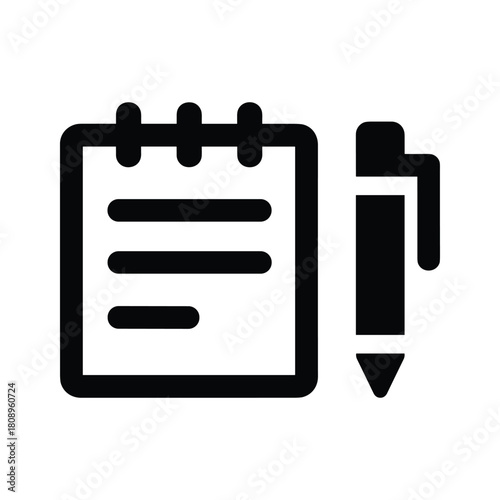 Notepad and pen icon, writing tool, memo, reminder, office supply, stationery graphic