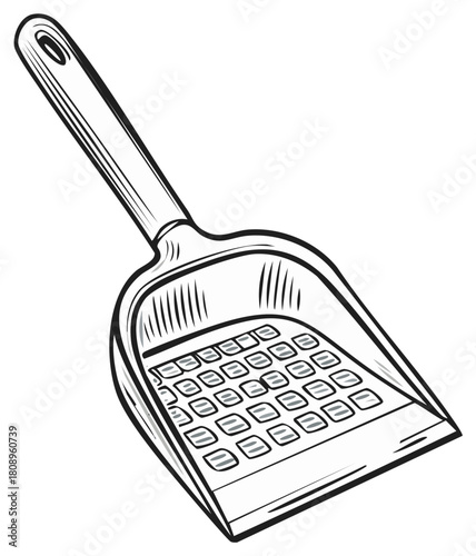 Line art illustration of a cat litter scoop