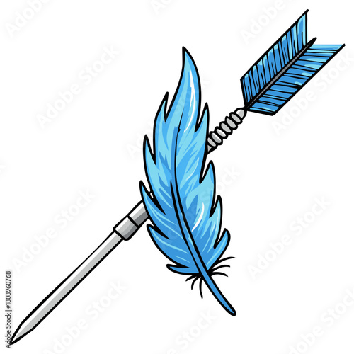 A bright blue feather piercing an arrow shaft
