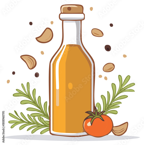 Olive Oil Bottle with Herbs and Spices Flavorful Culinary Illustration