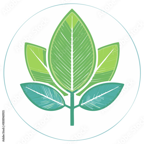 Stylized green leaf emblem with gentle blue circle outline for branding and organic concepts