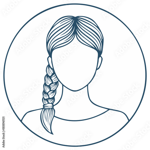 Minimalist outline illustration of a woman with a side braid, anonymous user profile avatar in a circle