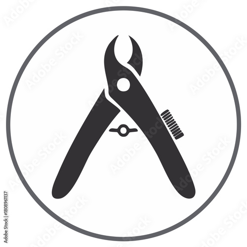 Simple dark gray icon of dental pliers with rounded tips inside a thin dark gray circle