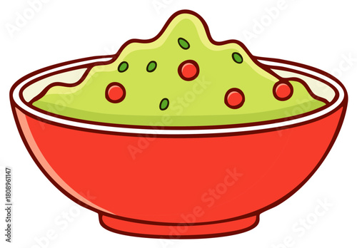 Cartoon Style Guacamole Dip Bowl with Red Toppings for Healthy Snack