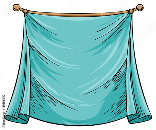Turquoise fabric draped over a wooden pole with rounded finials