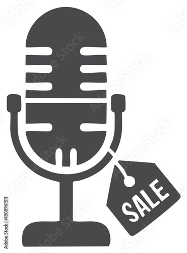 Iconic vintage microphone graphic with a sale tag for special podcast and audio broadcasting promotions