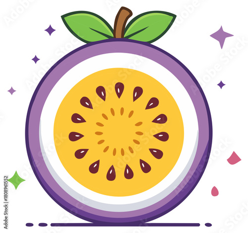 Passion Fruit Cut Open Cartoon Illustration with Purple Shell and Yellow Pulp