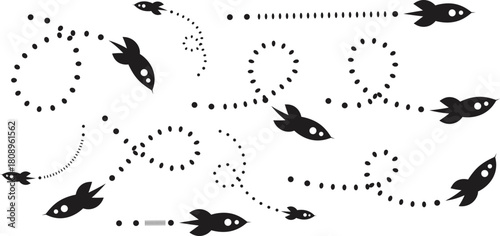Rocket path icon set with playful dotted trails in a simple black silhouette style. Space-themed vector illustrations ideal for kids designs, futuristic concepts, and creative patterns.