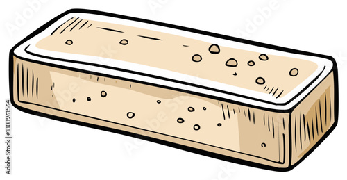 Hand drawn illustration of a rectangular cheese block with holes