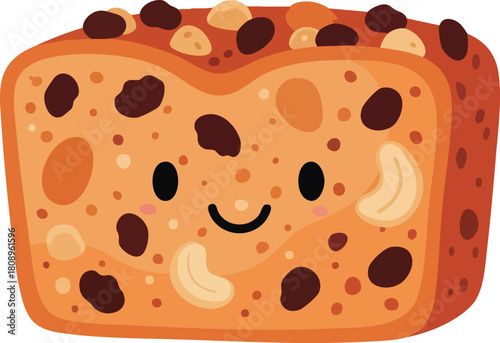 A cartoon slice of chocolate chip bread with a smiley face on a plain white background, showcasing a flat design with various nuts and chocolate chips.