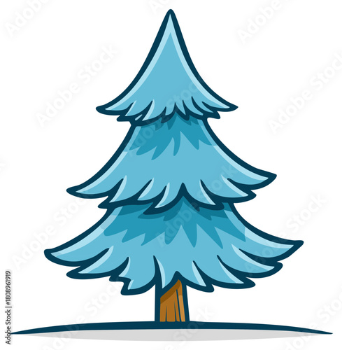 Stylized evergreen tree graphic with blue needles and a brown trunk in winter cartoon illustration style.
