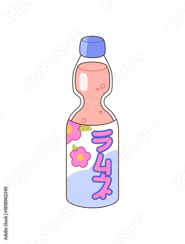 Glass bottle of Japanese carbonated soft drink. Container of cool Asian soda, ramune. Refreshing sparkling beverage with fruit flavour from Japan. Flat isolated vector illustration on white background